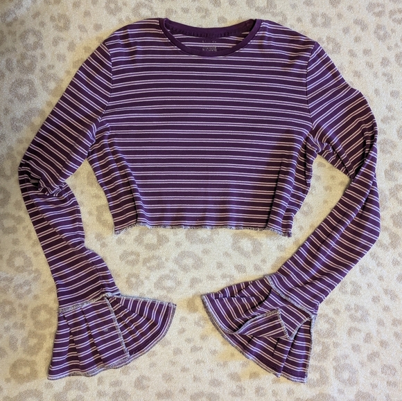 Striped Purple Flare Long Sleeve Crop T-shirt Medium - Picture 1 of 6